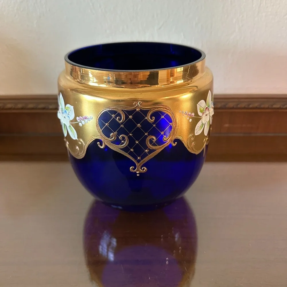 VTG Egermann Bohemian/Czech Cobalt Blue Vase Gold Gilded Enameled 3D Flowers 6.5